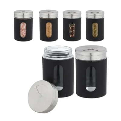 Imagen de Relaxdays Juego Set 6 Botes Especias XL, Tarros Cristal 290ml, Espolvoreadores 3 Intensidades, Tapa Acero, Negro, Aluminio, 11 x 7 cm