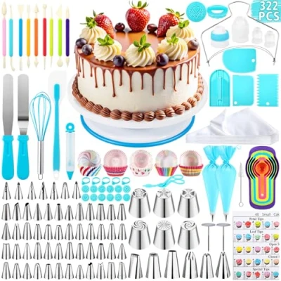 Imagen de ROELLY Kit Reposteria y Pasteleria de 322 Piezas, Herramientas para Hornear Base Giratoria Tartas, Utensilios, Con Varios Estilos Boquillas Manga Pastelera, Hornear, Hacer Pasteles