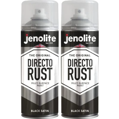 Imagen de JENOLITE DIRECTORUST Pintura en aerosol satinada NEGRO 2x400ml multisuperficie todo uno: metal, madera, plástico Aplicar directamente sobre el óxido RAL 9005