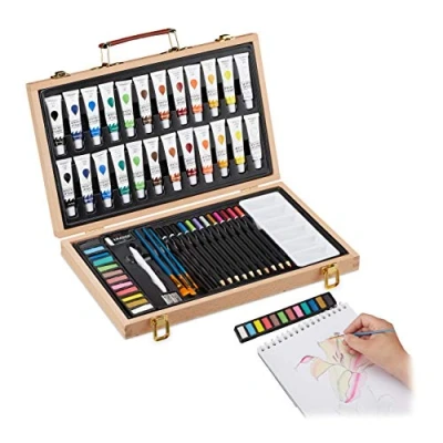 Imagen de Relaxdays Maletín Pinturas Acrílicas con Goma, Sacapuntas, Lápices y Lapiceros de Color, Madera, 56 Piezas, Marrón