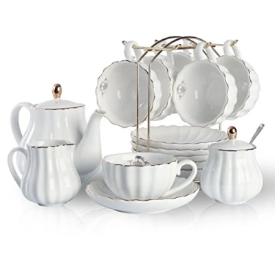 Imagen de Sweejar Home Royal Family Juego de té porcelana (225 ml, incluye tetera, azucarero, jarra leche, tazas y café cerámica), color blanco