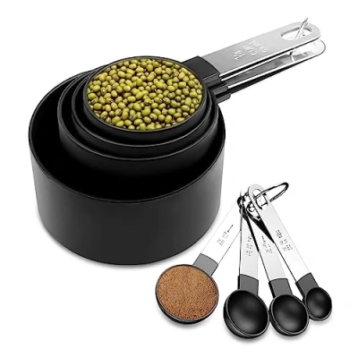Imagen de Fousenuk 8 piezas Tazas Medidoras, Juego de y Cucharas Medidoras Apilables con Mango Acero Inoxidable para Cocinar Hornear, Herramienta Medición Medir Líquidos Sólidos