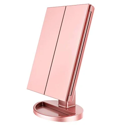 Imagen de Espejo de maquillaje tocador iluminado tres pliegues,21 pcs Luces led Interruptor táctil Cuadro control luz 1x/2x/3x Espejos aumento,180 rotación ajustable(Rose gold)