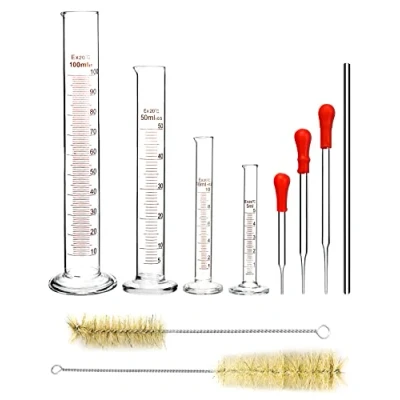 Imagen de QWORK® Cilindro de Medición Laboratorio, 5 ml/10 ml/50 ml/100 ml, con 3 Pipetas Vidrio, 2 cepillos limpieza, 1 varilla agitadora vidrio
