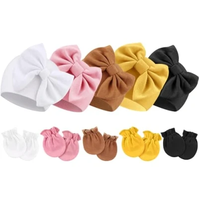 Imagen de DRESHOW Sombrero y Manoplas para Bebé Recién Nacido,5 Sombreros 5 pares de Bebés, Niños, Niñas, 0 6 Meses