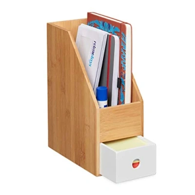 Imagen de Relaxdays Archivo de pie Organizador Escritorio, Papeles A4, Revistero Bambú, MDF, Archivador Oficina, 30 x 12 23 cm, Natural/Blanco