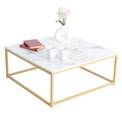 Imagen de MEUBLE COSY Mesa de Centro Mesitas Salón para el café Sofá Mármol imitación, Estructura Metal, Estilo Industrial, 80x80x34cm, Blanco y Dorado