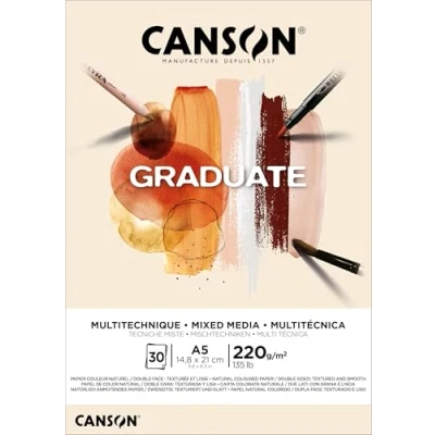 Imagen de Canson Graduate, Papel Mixed Media, Doble cara: Granulada y lisa, 220g, Encolados por el lado corto, A3 29,7x42cm, Gris, 30 Hojas