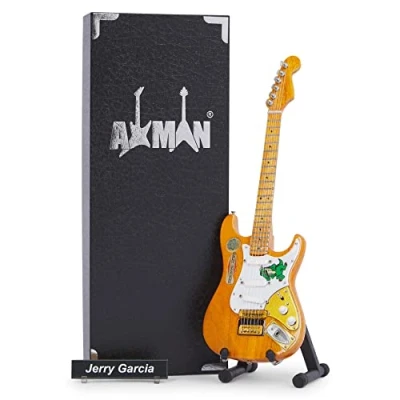 Imagen de Jerry Garcia Réplica de guitarra en miniatura, regalos musicales, ornamentales hechos a mano, escala 1/4, caja exhibición, etiqueta nombre y soporte miniatura incluidos