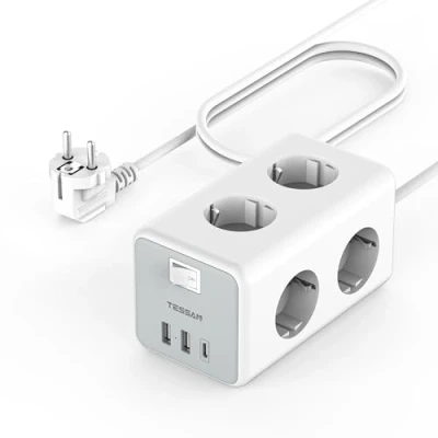 Imagen de TESSAN Regleta Enchufes con USB C y 2 A, Regletas 6 Enchufes, Ladron Interruptor, Alargador Enchufe 3 Metros, Base Multiple 3600W 16A para Cocina, Oficina, Mesa