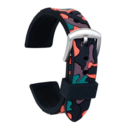 Imagen de ULLCHRO Correa Reloj Calidad Alta Recambios Relojes Caucho Camuflaje Hombre Mujer 18mm, 20mm, 22mm, 24mm Silicona con Acero Inoxidable Cepillado(22mm, negro y rojo)