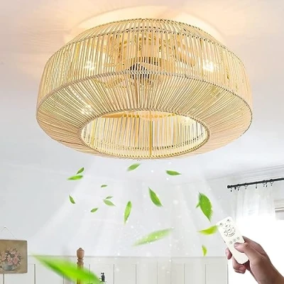 Imagen de Ventilador De Techo con luz y mando a distancia silencioso E27 Lámpara Retro Industrial luces ratán tejida mano Araña fan Para Sala Estar Dormitorio Cocina Iluminación