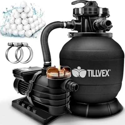 Imagen de tillvex Depuradora de Agua para Piscina 13.200L/h hasta 40.000L + 1200g Bolas Filtro 7 Funciones Filtrado Bomba Arena con Válvula (Negro)