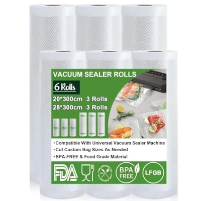 Imagen de Omtofo 6 rollos de bolsas para envasar al vacío alimentos, 20 x 300 cm (3 rollos) y 28 rollos), sin BPA, rollo alimentos máquina cocción Sous Vide