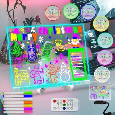 Imagen de Fanrui 7 colores borrado en seco acrílico con luz, multicolor 11,8 x 7,9&quot; Control remoto Tablero de mensajes LED,Escritorio nota memo letra LED cristal pizarra regalos para niños