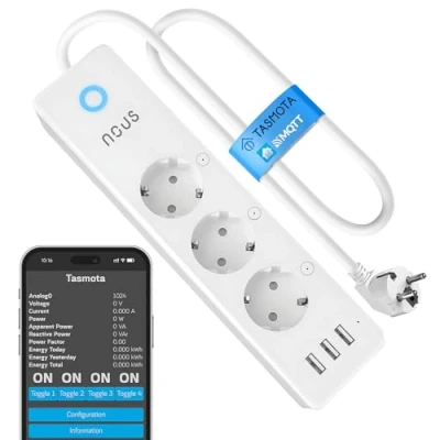 Imagen de Regleta Tasmota con concentrador USB NOUS A5T ESP8266 WiFi Montaje en Pared Enchufe múltiple 15 A Smart Contador de Corriente, Temporizador ioBroker Home Assistant Alexa