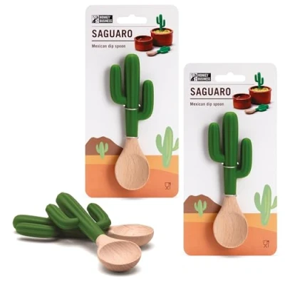 Imagen de Monkey Business: Set de 2 Cucharas Saguaro Cuchara Madera Cocina para Servir Guacamole, Salsa y Dips, Diseño Cactus Silicona