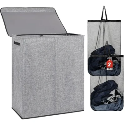 Imagen de DOKEHOM 150L Cesto Doble para la Ropa con Tapa y Bolsas Removibles, Gran de Plegable 2 Secciones Dormitorio, Baño, Lavandería, Universidad (Gris)