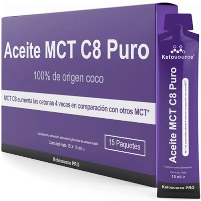 Imagen de Paquetes de Aceite MCT C8 Puro Aumenta las Cetonas 4 Veces en Comparación con Otros Alto 99%+ Pureza Apoya Nutrición Keto y Ayuno Origen Coco 100% Caja 15 Porciones X 15ml Ketosource
