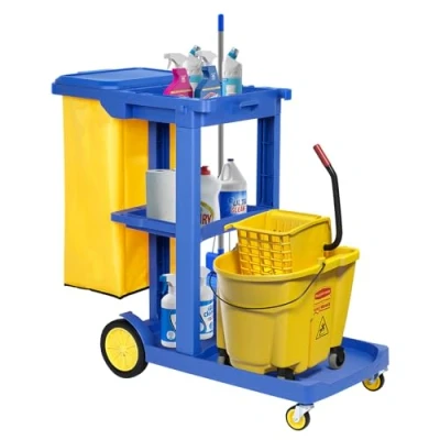 Imagen de bimiti Carro de limpieza con bolsa basura 65 litros, 83 x 46 90 cm, 3 niveles, carrito profesional, 4 ruedas, para servicio hotel, centros comerciales,
