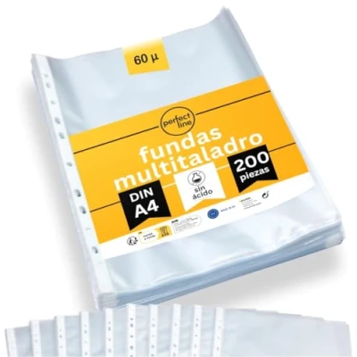 Imagen de perfect line 200 fundas transparentes tamaño folio DIN A4, A4 archivador, granuladas, sin ácido, fabricación en la UE