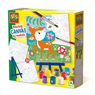 Imagen de SES Creative 14786 painting by numbers canvas Forest animals 3x Printed canvasses with line drawings; Two brush sizes for large and small areas; Handy easel included Age 6+