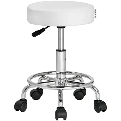 Imagen de CASARIA Taburete Giratorio con Ruedas Blanco Altura Asiento Ajustable 51 65 cm Travesaños de Acero Cromado Silla Oficina