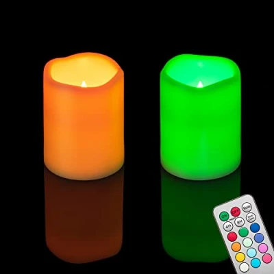 Imagen de 2 velas LED multicolor sin llama de 4 pulgadas con temporizador remoto, funciona pilas, falsas plástico parpadeante para Halloween, calabaza, farol luz Navidad, decoración