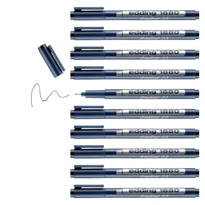 Imagen de edding 1880 rotulador calibrado negro x10 ancho de línea 0,35 mm para escritura precisa, esbozos y dibujo técnico punta fina con soporte metálico, adecuado usar reglas plantillas