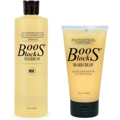 Imagen de Boos Block Set de Cuidado para Tabla Cortar Mystery Oil (473 ml) + Board Cream (148 Cera Aceite Tablas Mineral Madera