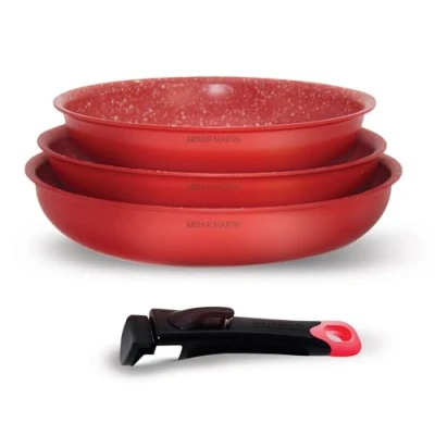 Imagen de Arthur Martin, AMR37, Juego de 3 sartenes aluminio antiadherentes con mango extraíble, compatibles todo tipo fuegos incluida inducción, medidas 20 24 28 cm, color Rojo