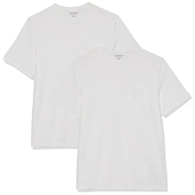 Imagen de Amazon Essentials Camiseta de Manga Corta con Bolsillo, Cuello Redondo y Corte Recto Hombre, Pack 2, Blanco, XS