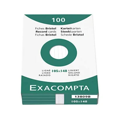 Imagen de Exacompta 13809B Caja de 100 fichas rayadas sin perforar formato 105 x 148 mm compatible con impresora inkjet, láser y fotocopiadora color blanco
