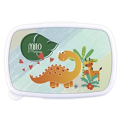 Imagen de LolaPix Tartera Infantil. Fiambrera Infantil Personalizada. Caja merienda con Nombre y Curso. Apta para microondas Libre de BPA, filatos Metales Pesados. Varios diseños.Dino Jirafa