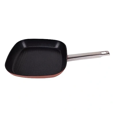 Imagen de San Ignacio Agros Sartén Asador de 24cm Fabricada En Aluminio Forjado Interior Quantanium Recubrimiento Negro Exterior Color Terracota Inducción Mango Largo Chapa Lisboa