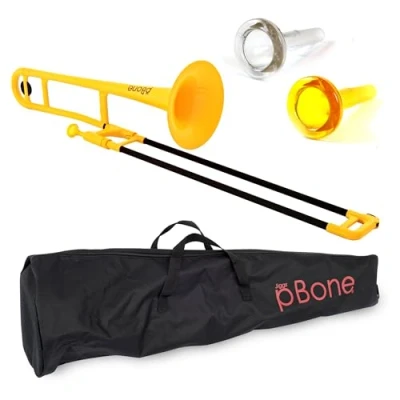 Imagen de Trombón pBone, de plástico ABS (tubos portaobjetos fibra vidrio, campana 8&quot;, diámetro interior 12,7 mm, boquilla con caña estrecha, bolsa incluida), Amarillo