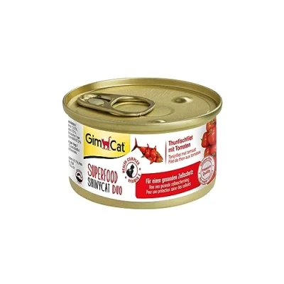 Imagen de GimCat Superfood ShinyCat Duo atún con tomates Comida para gatos jugoso filete y sin azúcar añadido, adultos 24 latas (24 x 70 g)