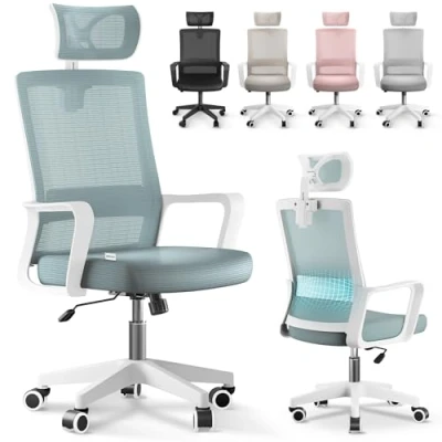 Imagen de JUPPLIES Silla Escritorio Ergonomica Oficina Ajustable y Reclinable con Soporte Lumbar, Reposacabezas Ajustable, Malla Transpirable, Ruedas Giratorias 360 Soporta hasta 100kg (Azul)