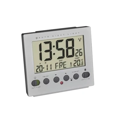 Imagen de TFA Dostmann Despertador Digital 60.2561.55, iluminación Nocturna automática, Radio Despertador, Temperatura, día de la Semana y Fecha, Aspecto Aluminio, Plata, 99 x 90 42 mm