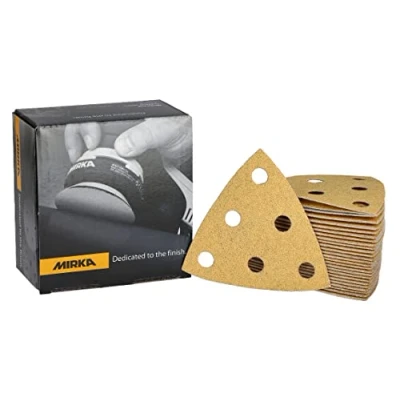 Imagen de Mirka Gold Triángulo de lijado Papel lija universal 93x93x93mm / 6 agujeros grano P80, 50 piezas Para lijar yeso, masilla, aglomerado, madera, laca