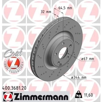 Imagen de ZIMMERMANN COAT Z 400.3681.20 Disco de freno 344 32 6/5 5 112 ventilación interna, avellanado revestido altamente carbonizado