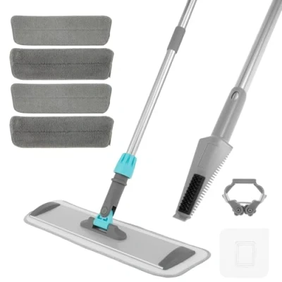 Imagen de Mopas de microfibra para limpiar suelos, mopa plana polvo húmedo y seco con mango 4 almohadillas reutilizables lavables, fregona limpieza suelos cocina