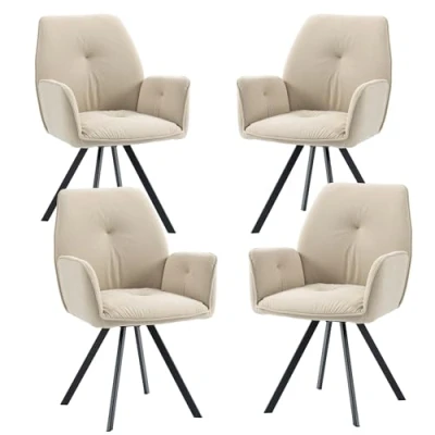 Imagen de MEUBLE COSY Juego de 4 Sillas Comedor Giratorias 360 Escandinavas Sillón Tapizado en Terciopelo con Respaldo y Brazos para salón Cocina Oficina, Patas Metal, Beige, 60x62x87.5cm, Unidades
