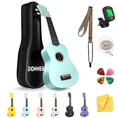 Imagen de Donner Ukelele Soprano para Principiantes y adultos，Ukulele Kit 21 Pulgadas Niños con Bolso Correa Afinador, correa, paño de pulido Online Inglés Lección (verde)