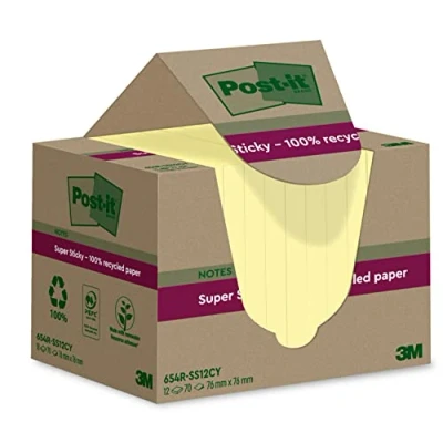 Imagen de Post it Super Sticky Notas Recicladas, 12 Blocs, 70 Hojas por Bloc, 76 mm x mm, Amarillo Extra Adhesivas Fabricadas con Papel 100% Reciclado