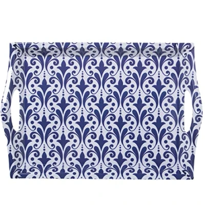 Imagen de DRW Bandeja Rectangular de melamina con Asas Decorada en arabesco Azul y Blanco 5x31x44 cm