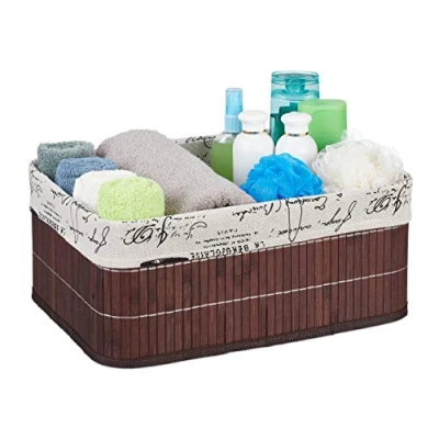 Imagen de 1 Cesto Almacenamiento, Funda Tela Retro, Bambú, Rectangular, Cesta Estante Baño, 16,5x38x28,5cm, Marrón