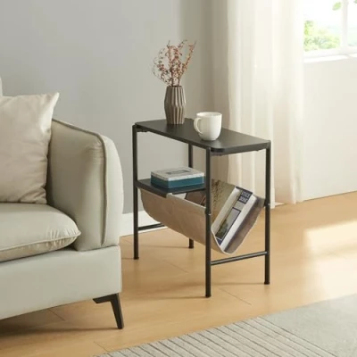 Imagen de [en.casa] Mesa Auxiliar Samnanger Rectangular con Estante Extraíble y Revistero de Textil Mesilla Noche Sofá Uso Versátil Diseño Atractivo Aglomerado Acero 60 x 28 53 cm Negro