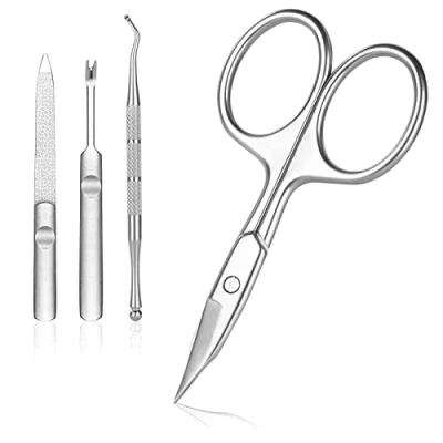 Imagen de URAQT Tijeras para Cutícula, 4pcs Manicura Uñas Profesionales, Juego de Tijera Curva Extra Afiladas, Belleza Cejas, Uñas, Vello Facial, Bigote, Nariz