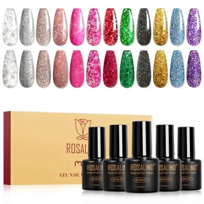 Imagen de ROSALIND Esmaltes Semipermanentes Purpurina, 12 Colores Plata Rosa Rojo Verde Negro Oro Azul Morado Glitter Pintauñas Semipermanentes,Soak Off UV/LED Mini en Gel Brillo Manicure Regalo